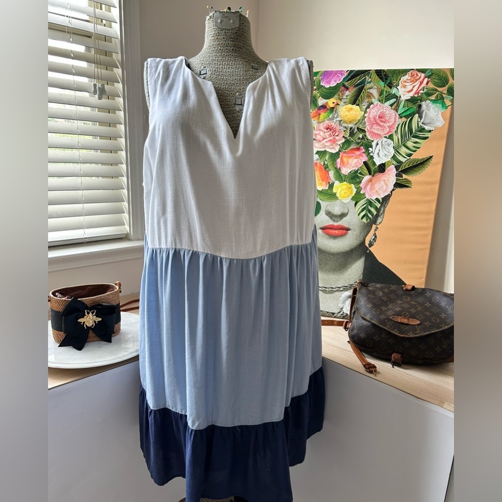 PERCEPTIONS COLOR BLOCKED RUFFLE TIERED DRESS. Sundress,vacay,lined, Sz. 3X